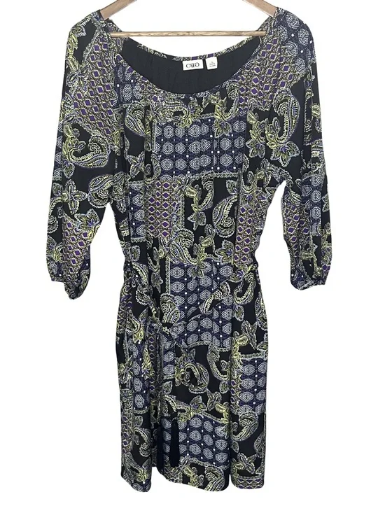 Cato Womens Shift Dress XL Chic Black Paisley Print Colorful Business Casual Tie - Picture 1 of 7